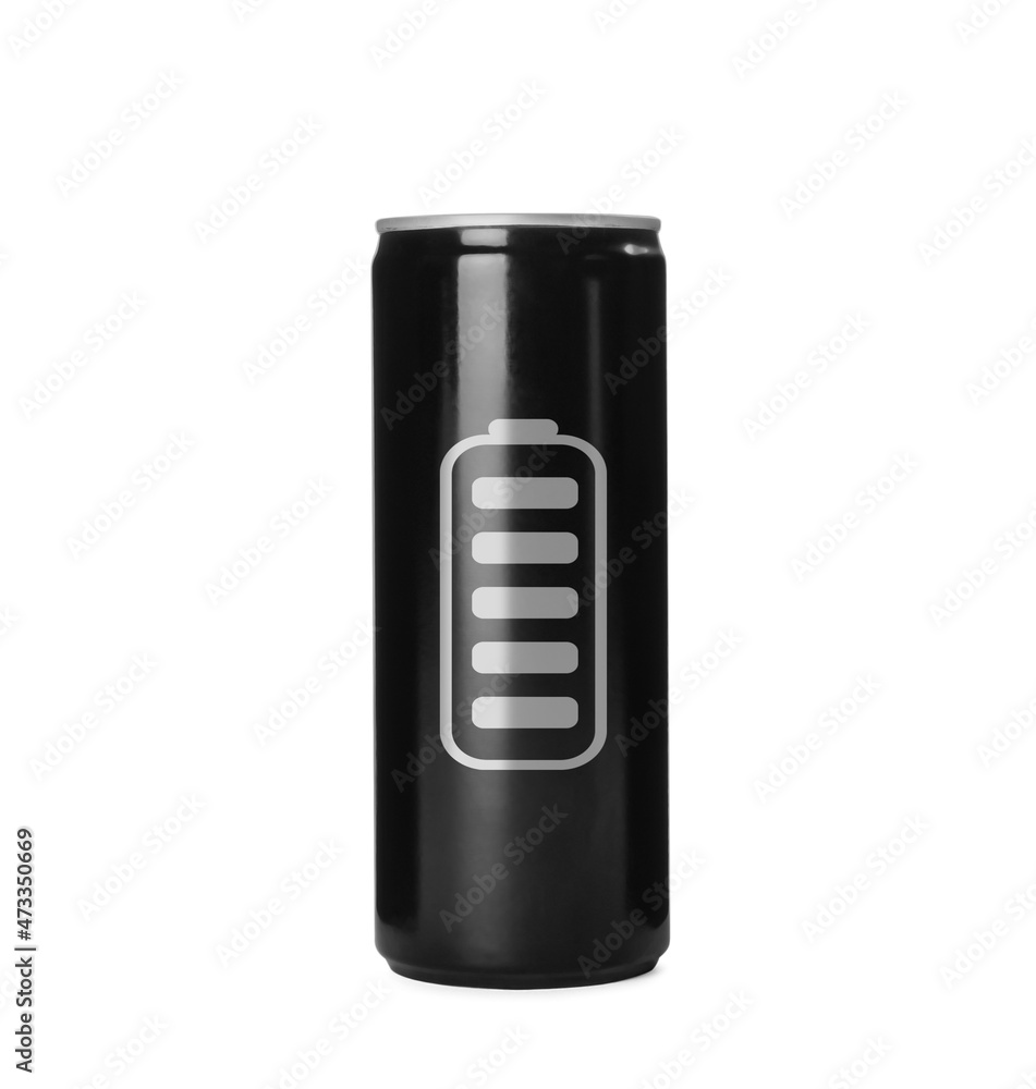 Can of energy drink with picture of fully charged battery on white background Can of energy drink with picture of fully charged battery on white background
