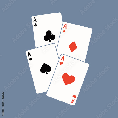 Set of four aces playing cards suits. Winning poker hand. Set of hearts, spades, clubs and diamonds ace