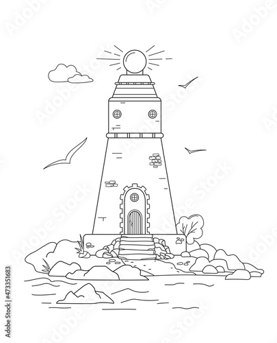 Lighthouse on the island. Contour picture for coloring.