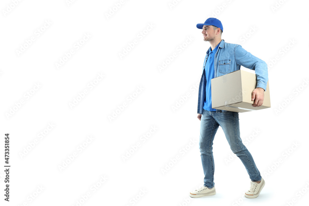 Delivery man walking with a box, isolated on white background Delivery man walking with a box, isolated on white background
