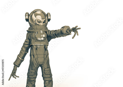 alien astronaut is showing the way with copy space