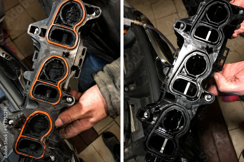 Intake manifold for car engine before and after cleaning process. photo