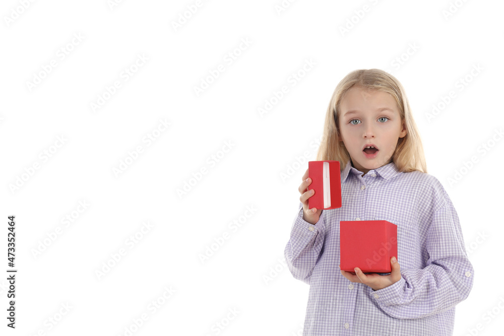 Surprised little girl with gift box isolated on white background Surprised little girl with gift box isolated on white background