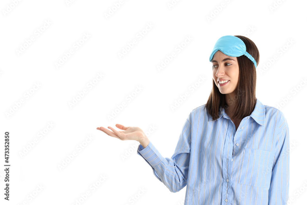 Attractive woman in sleep mask isolated on white background Attractive woman in sleep mask isolated on white background
