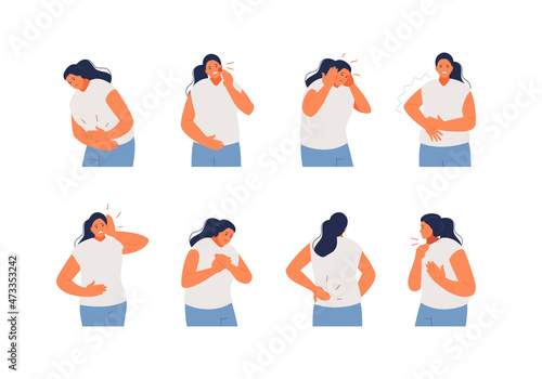 Suffering Girl with various types of pain. Pain in the abdomen, throat, ear, chest, back, headache and toothache