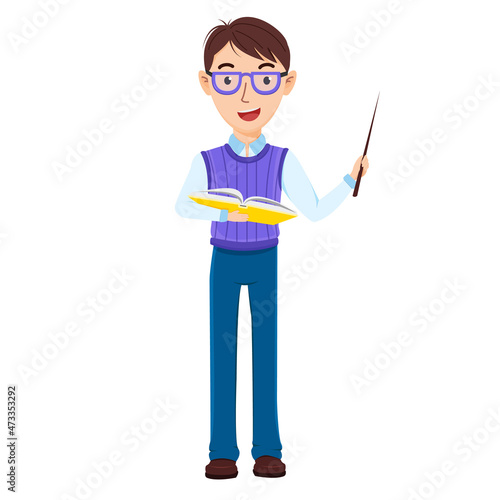 Cartoon young male teacher holds a book and a pointer. Vector illustration isolated on a white background.