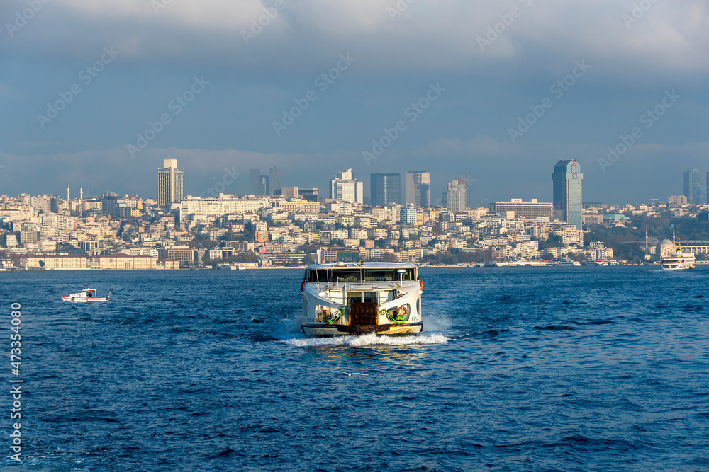 Ferry is on The Bosphorus in Istanbul