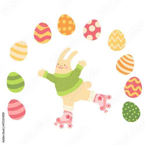 Easter bunny. Hand drawn rabbit on roller skates. Easter eggs. Cartoon character hare. Stock vector illustration card on a white background.