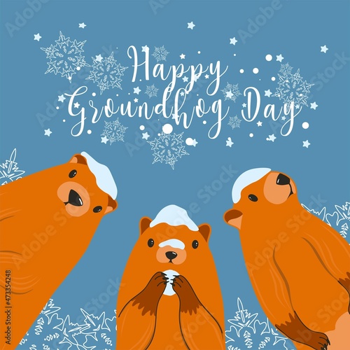 Happy Groundhog Day greeting card. Happy marmot Day Typographic Vector Design with Cute Groundhog Character - Advertising Poster or Flyer Template. Trendy abstract art templates with marmot, snow.
