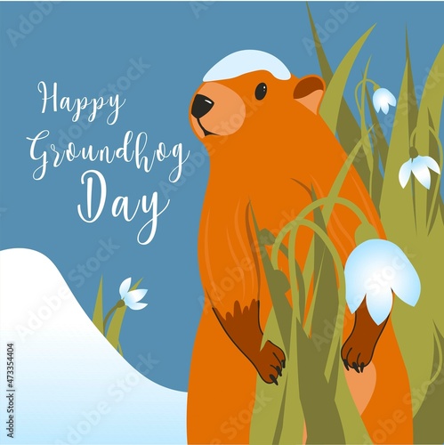 Happy Groundhog Day greeting card. Happy marmot Day Typographic Vector Design with Cute Groundhog Character - Advertising Poster or Flyer Template. Trendy abstract art templates with marmot, snow.