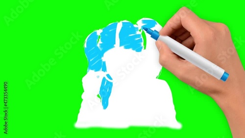 Beautiful young girl with blue hair, red lips and sunglasses is hand drawn on a green background.