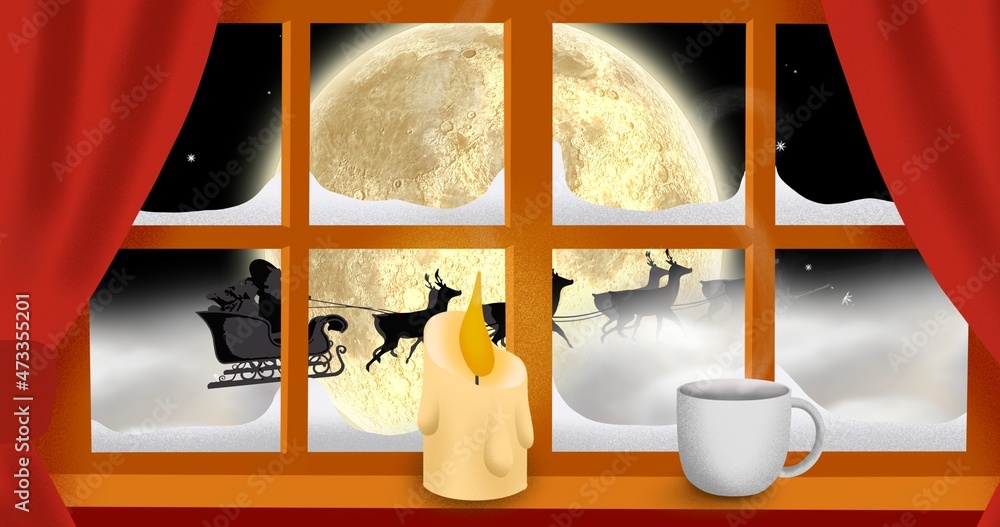 Naklejka premium Digitally generated image of santa sleigh seen through window during full moon night, copy space
