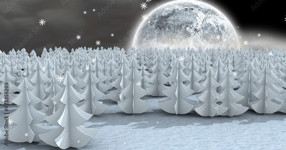 Naklejka premium Vector image of snow covered trees during full moon night, copy space