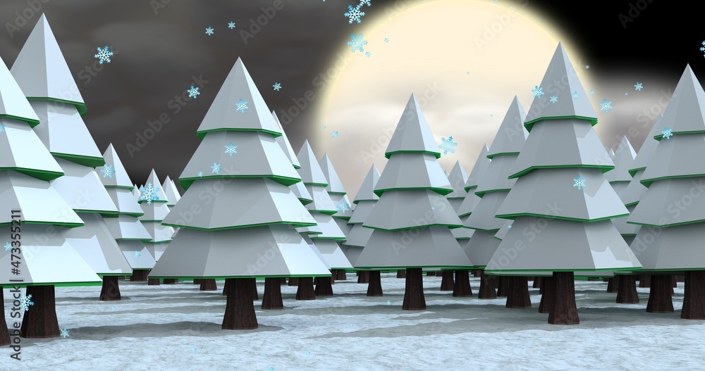 Vector image of snow covered pine trees during full moon night, copy space - obrazy, fototapety, plakaty 