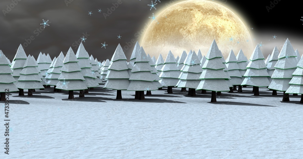 Vector image of snow covered pine trees at full moon night, copy space - obrazy, fototapety, plakaty 