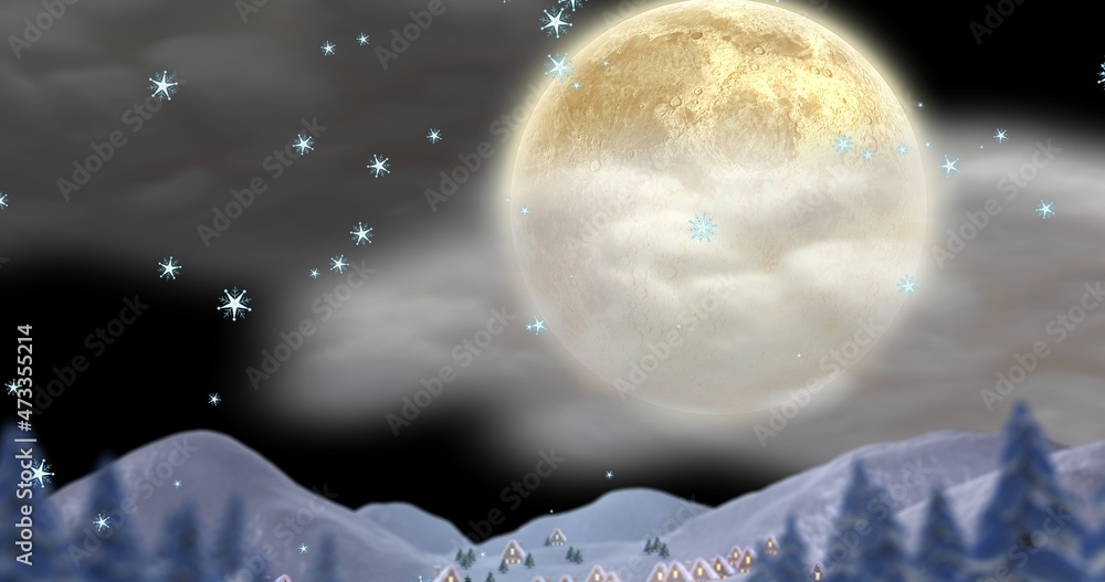 Naklejka premium Digitally generated image of snow covered mountains during full moon night, copy space