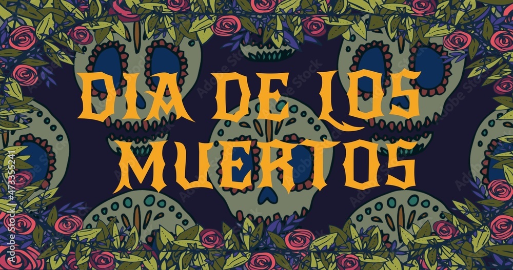 Vector image of dia de los muertos text with skulls and spooky background