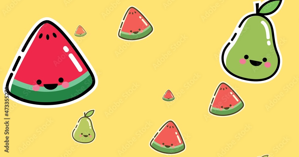 Vector image of watermelon slices and pears with smiley faces against yellow background, copy space Vector image of watermelon slices and pears with smiley faces against yellow background, copy space