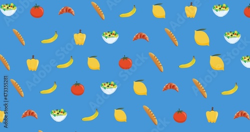 Digitally generated image of various food against blue background, copy space