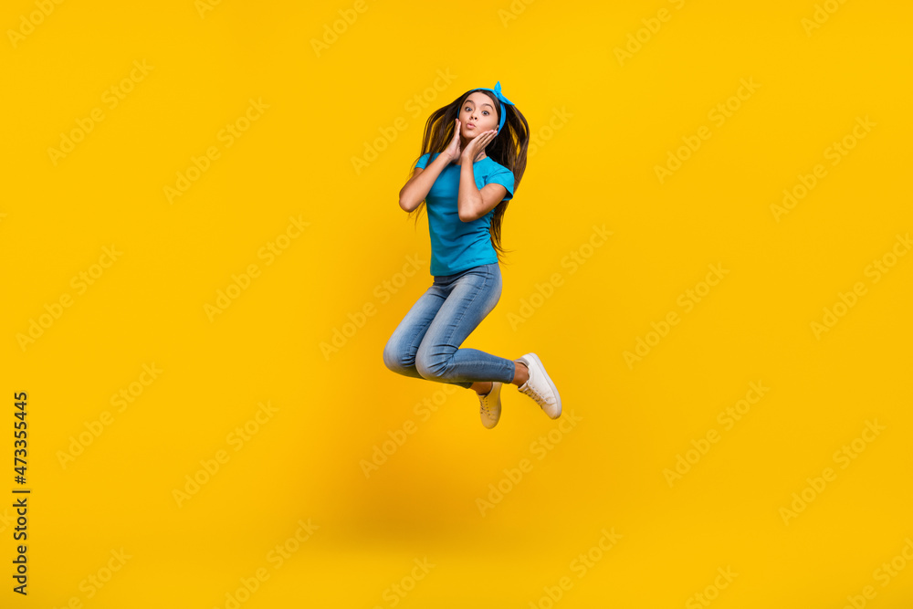 Full size profile sie photo of young girl send air kiss lovely jumper active energetic isolated over yellow color background - obrazy, fototapety, plakaty 