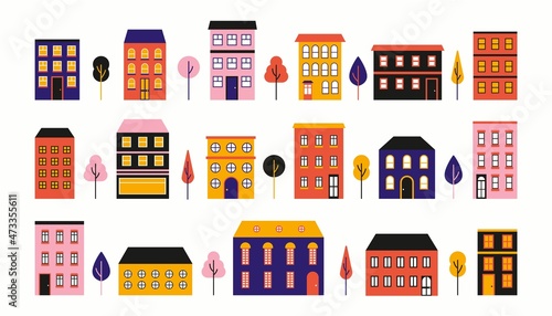 Abstract house set. Flat geometric city buildings, cute cartoon houses collection various exterior. Vector isolated illustration