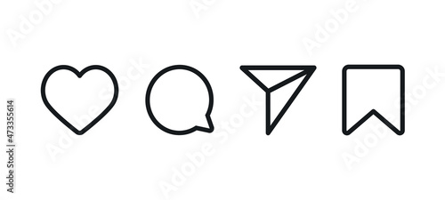 Set of generic social media user interface icons. Like, comment, share and save icons. Social media flat icon. Vector