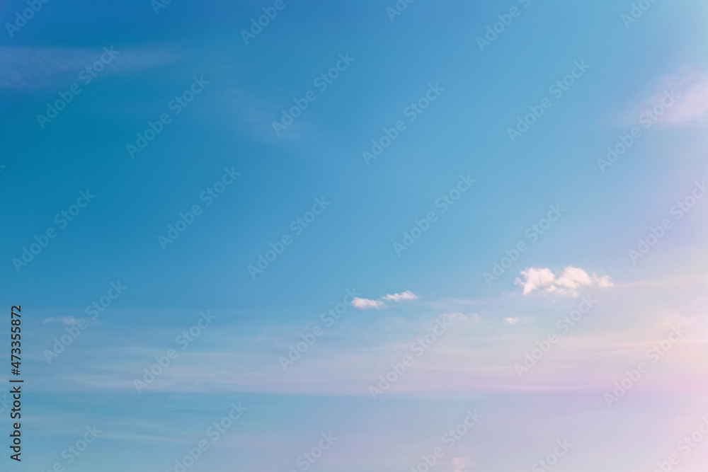 Fototapeta premium Sunset sky with fluffy light clouds soft focus. Heavenly clouds background. Concept of freedom, relaxation, ecology. Poland. Copy space.