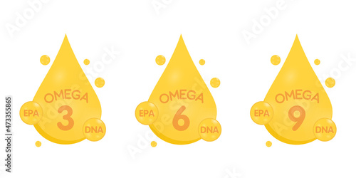 Omega 3, 6, 9, gold icon. Vitamin drop pill capsule. Shining golden essence droplet. Vector