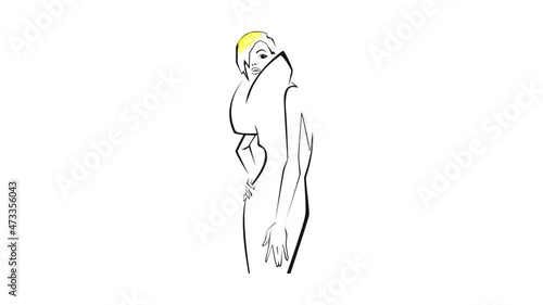 Beautiful young girl - model with yellow hair animation on a white board. The girl is dressed in a stylish dress.