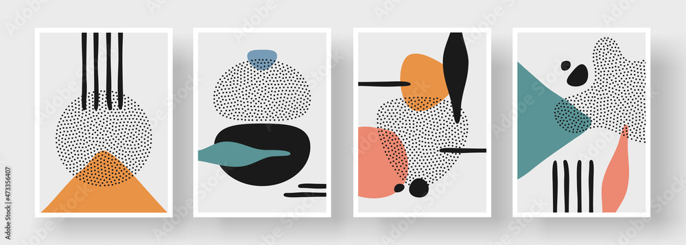 Abstract modern art posters set. Vector illustration. Doodle and various lines and dots. Minimalistic geometric shapes, hand drawn borders. Wall decoration for home interior or brochure cover design - obrazy, fototapety, plakaty 