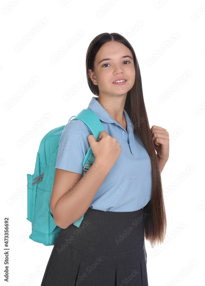 Teenage girl in school uniform with backpack on white background Teenage girl in school uniform with backpack on white background
