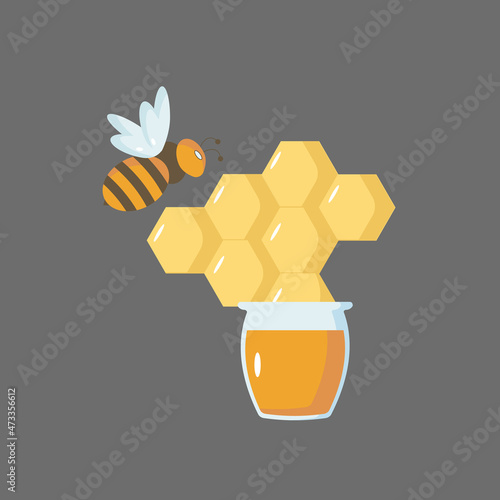 A bee with honeycomb and a jar of honey