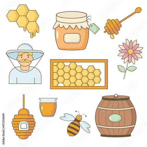 A set of honey. Jar of honey, honeycomb, bee, beekeeper.