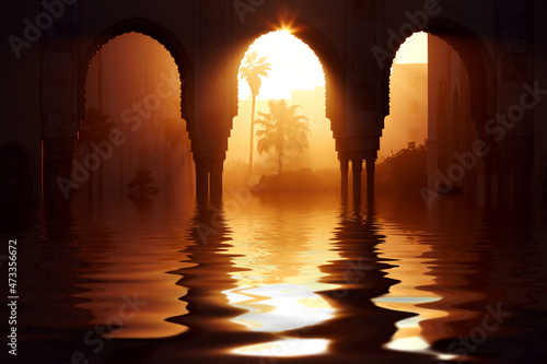 Great mosque Hassan 2 at sunset in Casablanca in water, Morocco. Beautiful Arches of the Arab mosque in sunset, sunlight rays