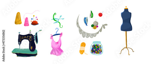 Vector hand drawn sewing retro set. Collection of highly detailed hand drawn sewing tools
