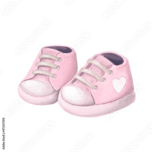 pink child shoes for girl, watercolor style illustration, hand drawn clipart