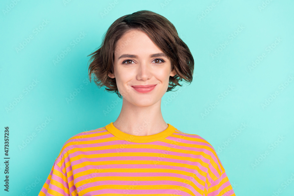 Fototapeta premium Portrait of attractive cheery content brown-haired girl wearing striped pullover isolated over bright teal turquoise color background