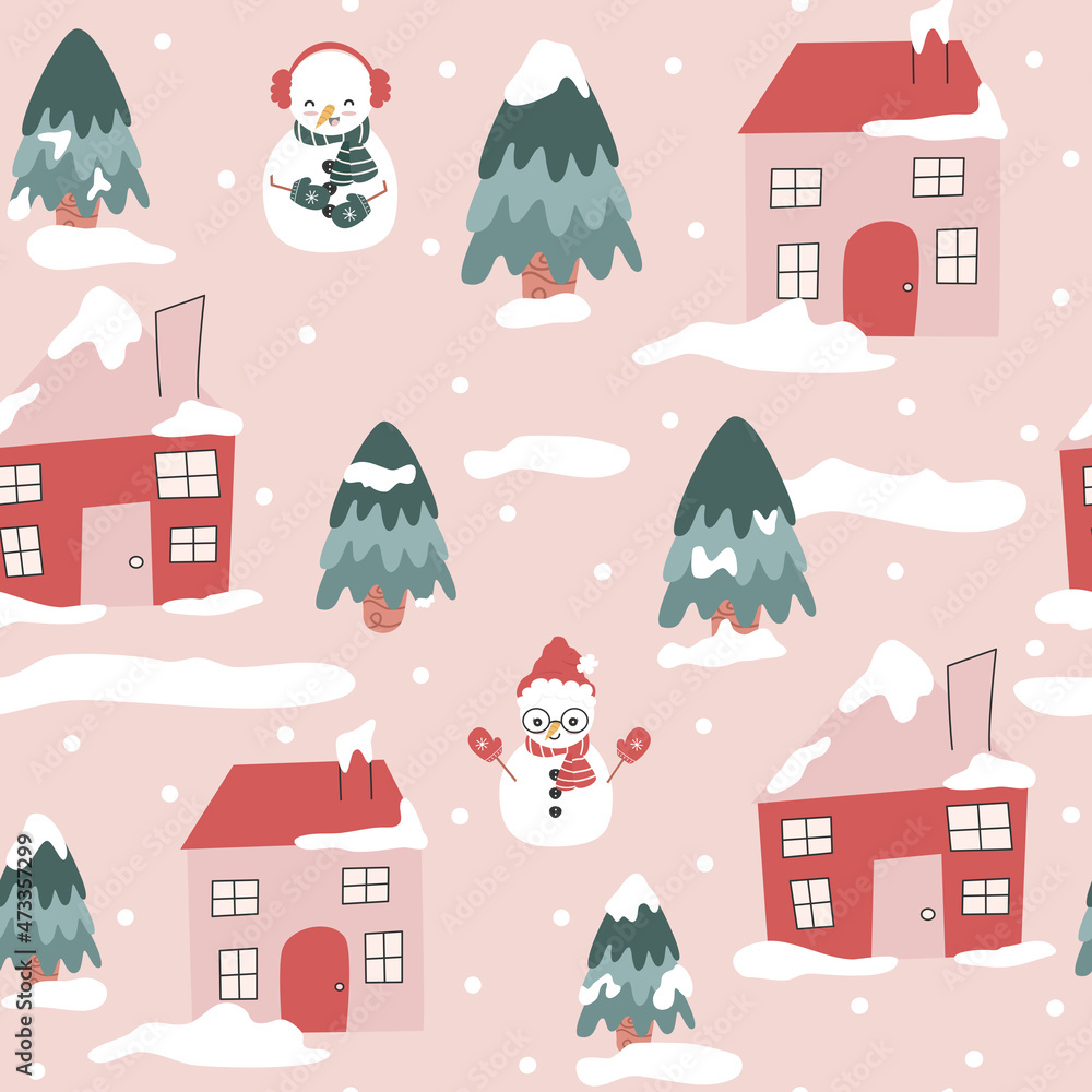 Cute hand drawn funny cartoon seamless vector pattern background illustration with scandinavian winter holidays landscape with house, snowflakes, tree and snowman
