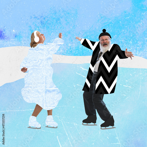 Contemporary art collage of middle-aged couple in warm winter clothes dancing retro dance on skates isolated over light background