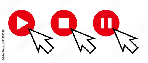 Play button, Stop button, pause button and mouse cursor to click it.