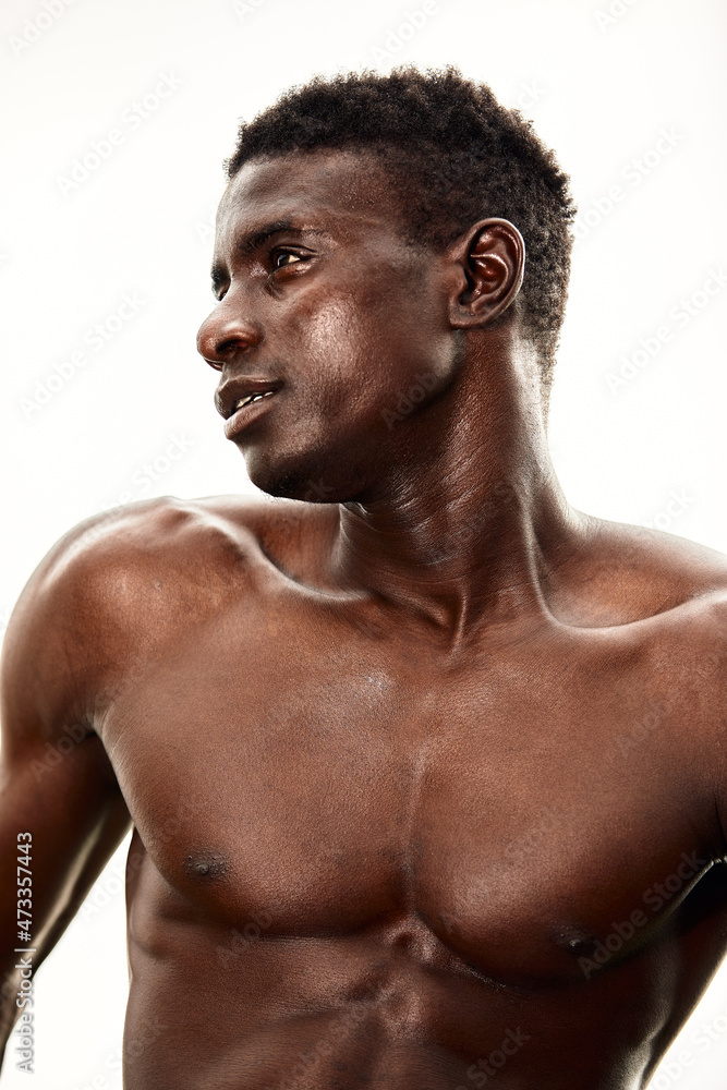 Strong Muscular Black Man With Naked Torso Bodybuilder Concept