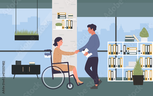 Work for disabled people, hiring vector illustration. Cartoon handicapped woman character sitting in wheelchair, shaking hand with boss in office interior. Disability employment, recruitment concept