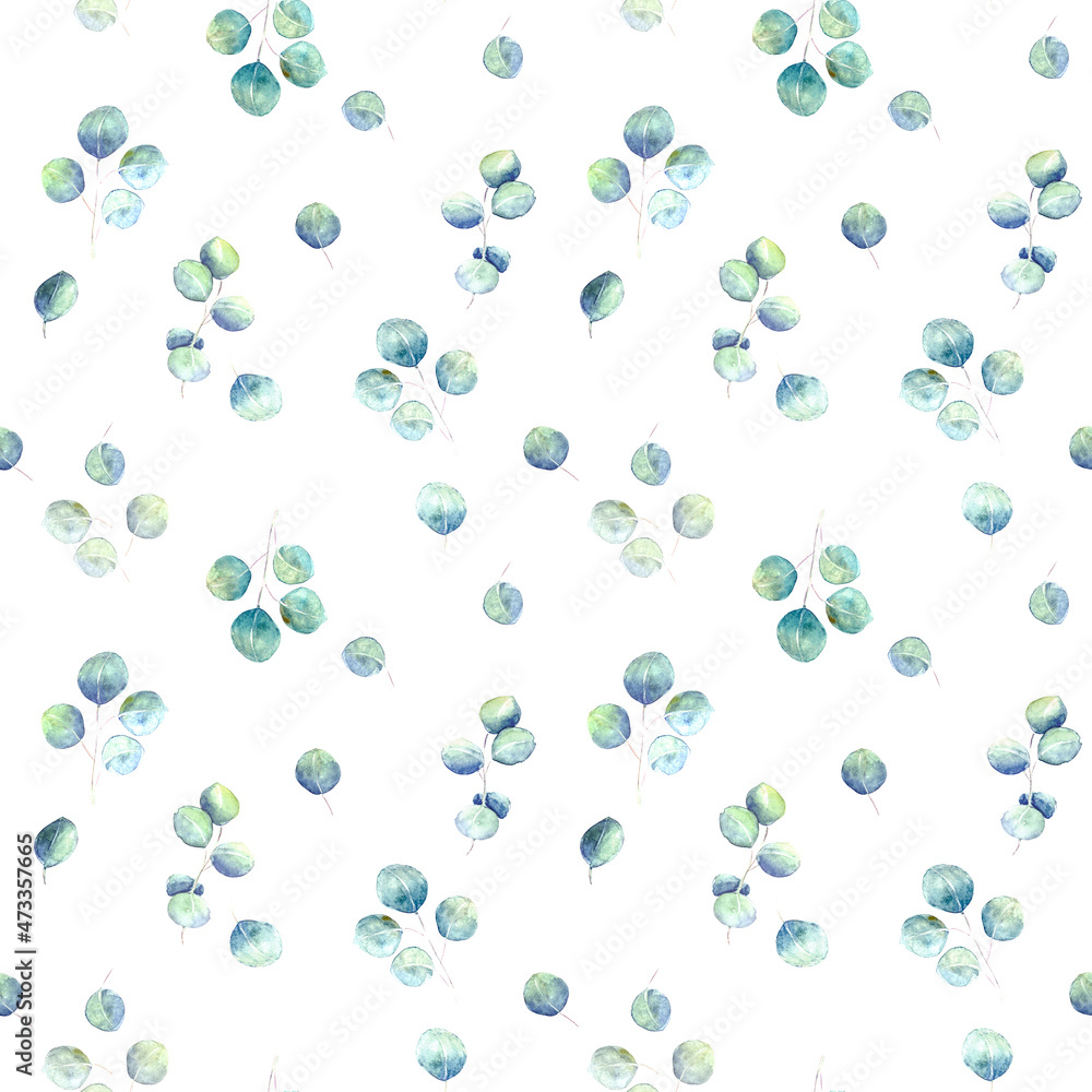 Seamless background with watercolor silver dollar eucalyptus branches. Seamless background with watercolor silver dollar eucalyptus branches.