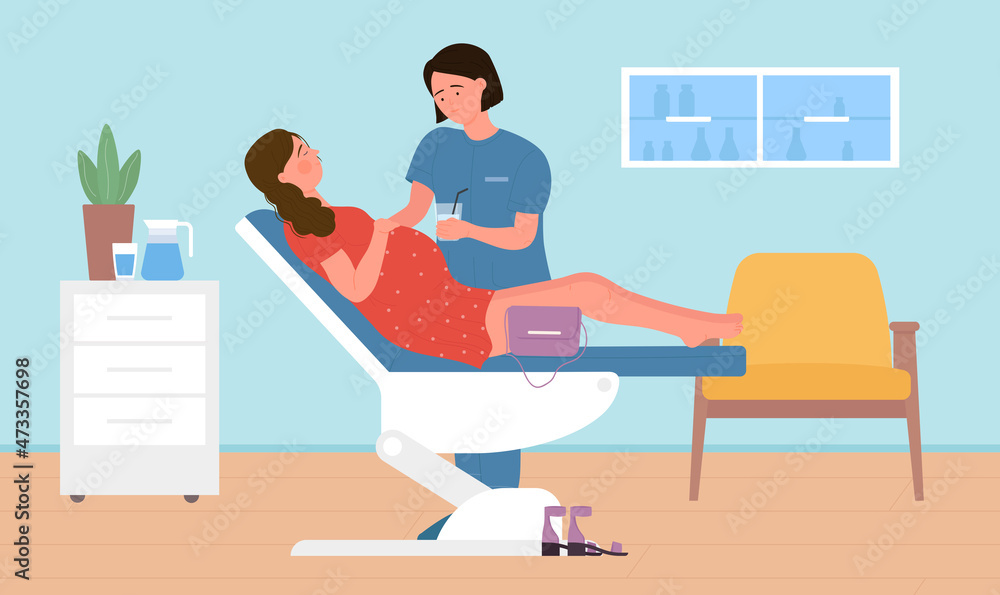 Pregnant woman lying on chair at doctor appointment vector illustration ...