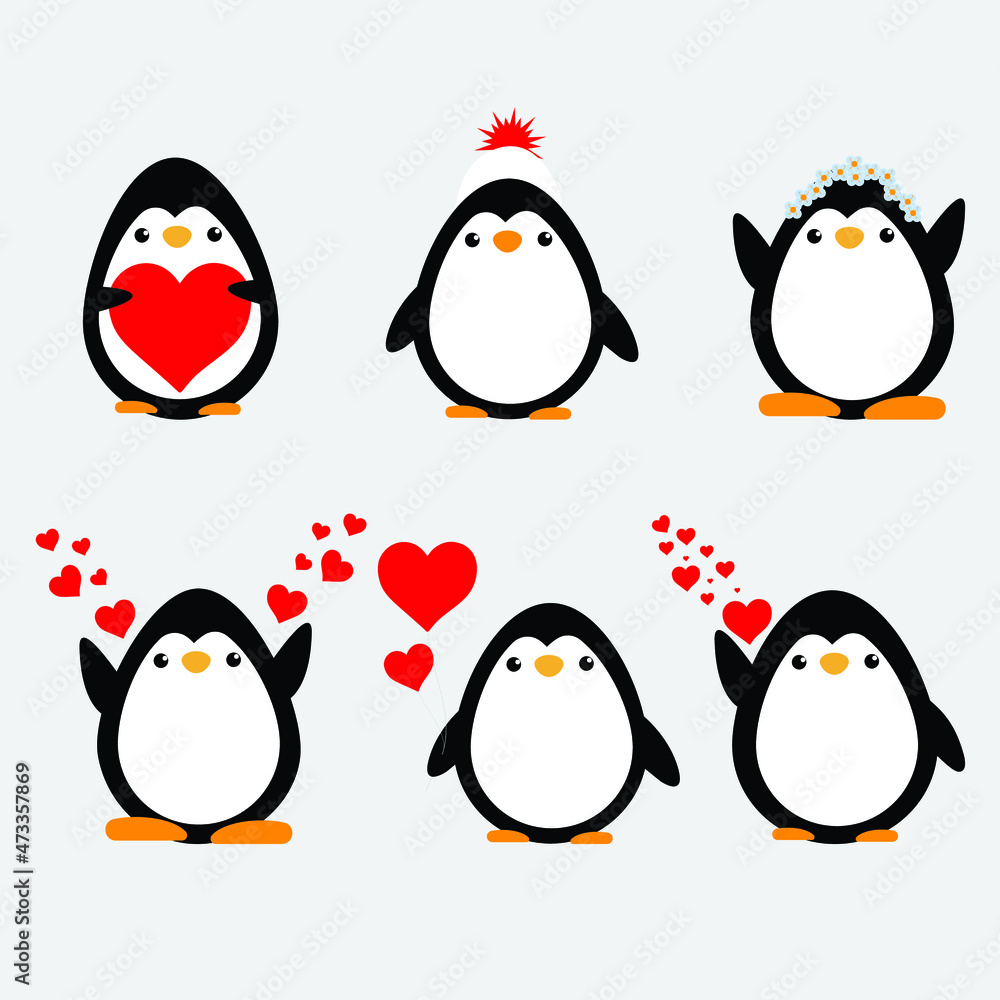 Fototapeta premium Cute penguins in different poses with red color illustration