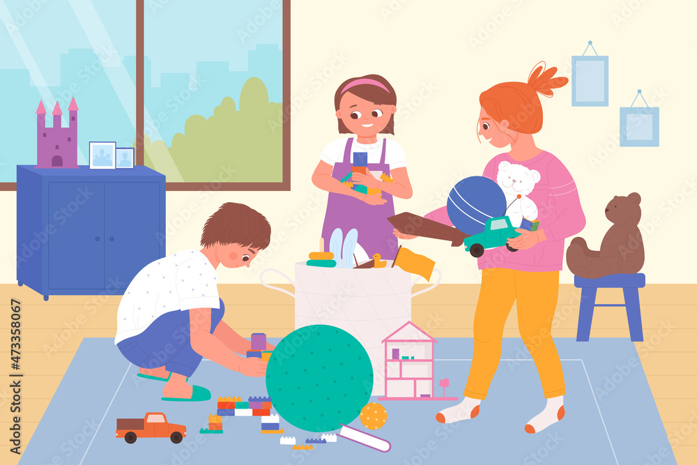 Children play and clean room together, tidy mess vector illustration. Cartoon girls and boy putting toys into box, doing cleanup to help mom. Household chores for kids, orderliness, cleanup concept