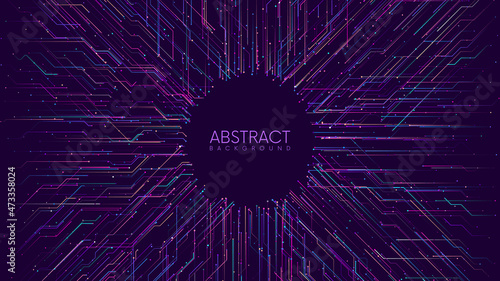 Abstract circuit board background with random colorful streaming neon lines. Artificial Intelligence or big data futuristic concept. Vector illustration