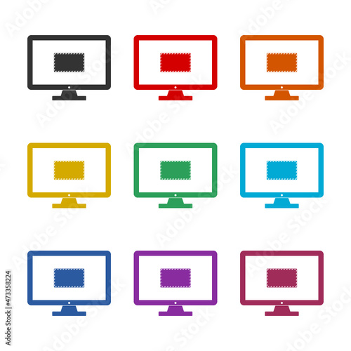 Envelope on the monitor icon isolated on white background, color set