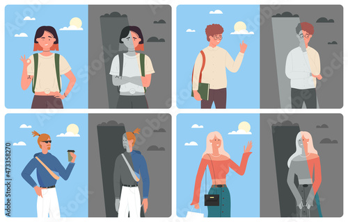Good or bad mood set vector illustration. Cartoon sad unhappy business people, student standing under rain clouds, happy characters under sun, negative positive emotions before and after psychotherapy