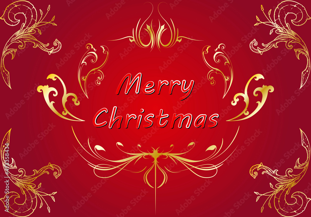 Felicitación de navidad roja con decoraciones doradas.